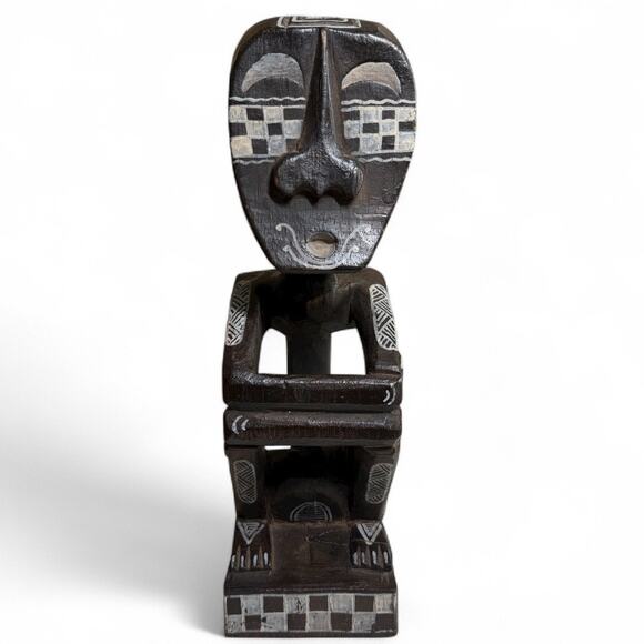 Hand Carved Tribal African Thinking Man Statue 13" Wooden Tall Folk Art Figurine - Picture 1 of 16